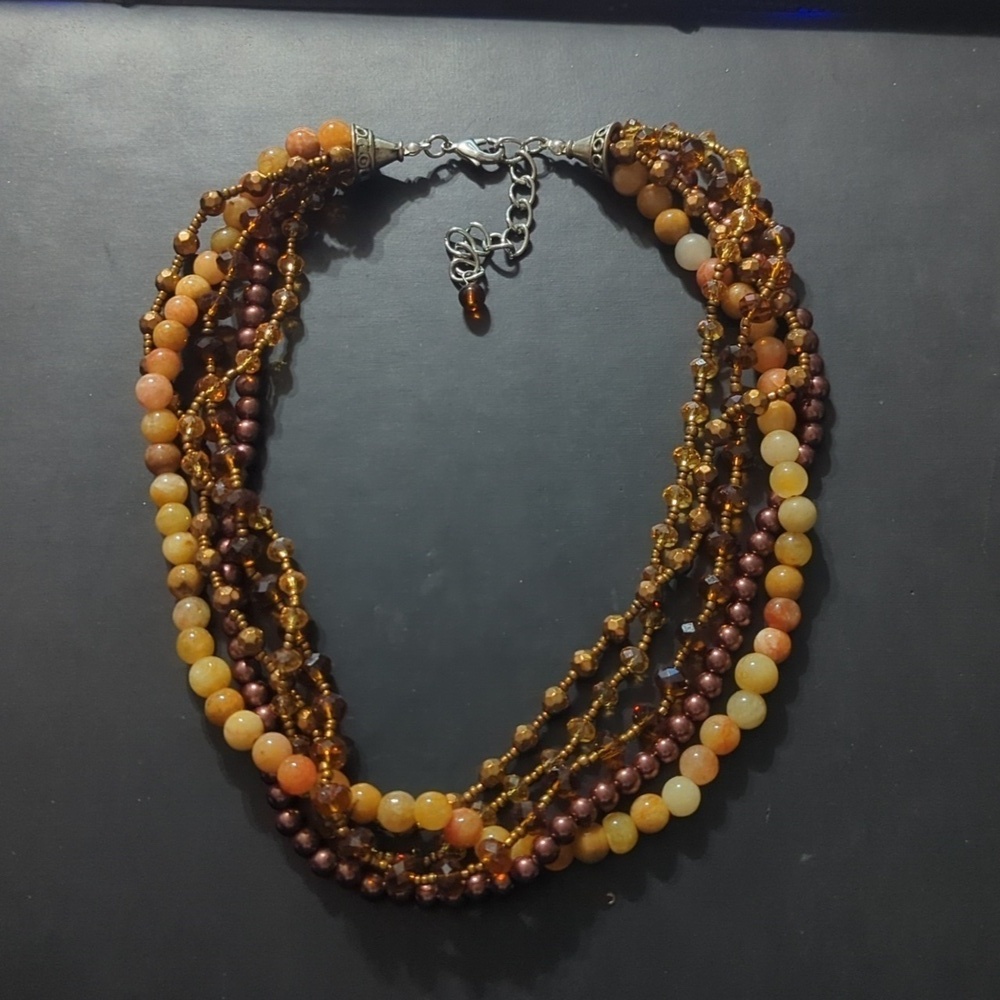 Silver Tone Cream, Brown, Bronze, Gold Colored Beaded Agate Crystal Necklace